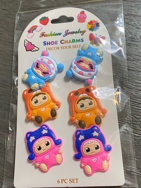 Labubu featured Cute 6-Piece Shoe Charms - Pink, Blue & Orange.